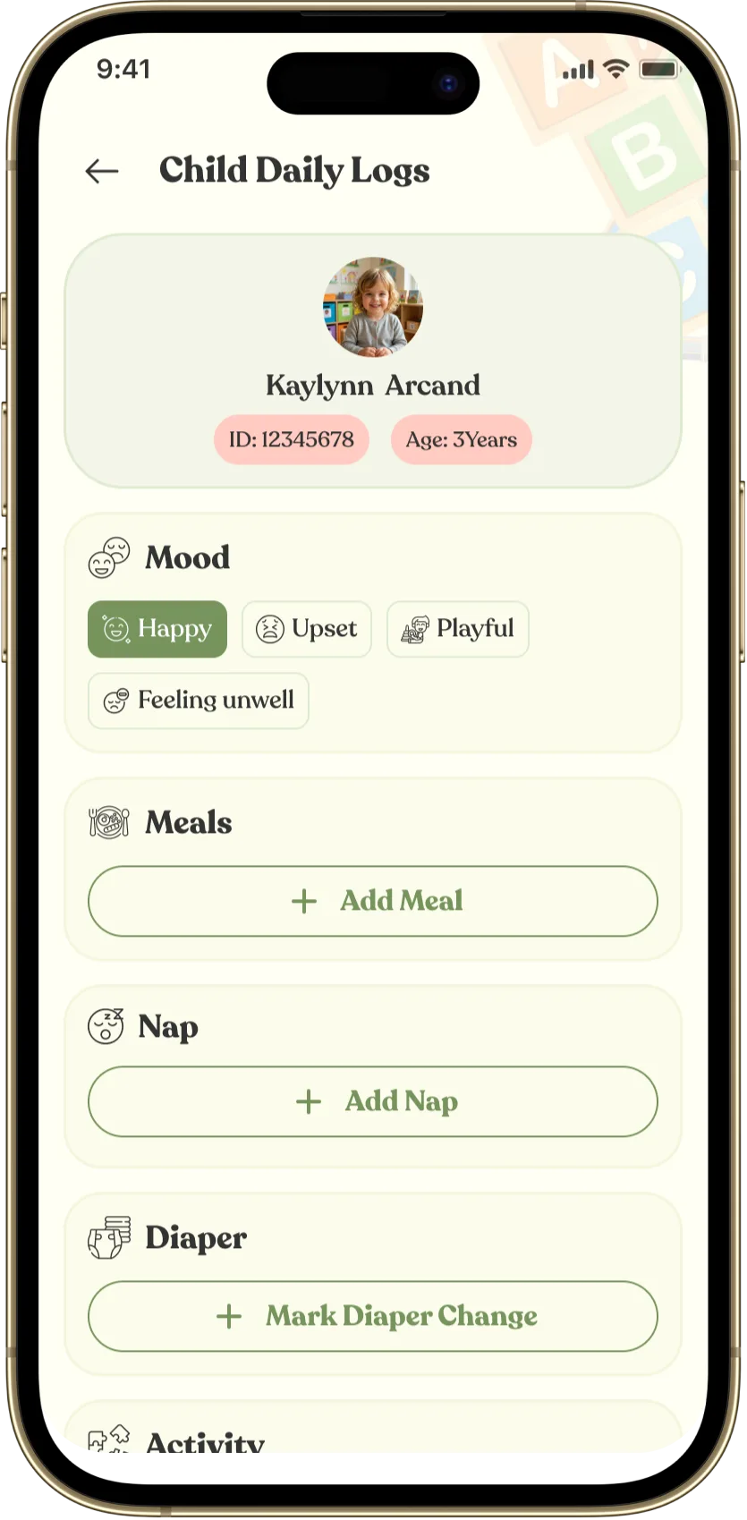 Child Daily Logs screen with mood options