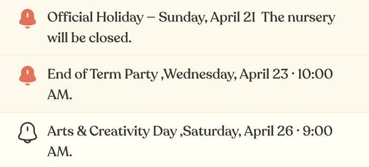 Notices, a class update and an attendance overview above the Yawmy Care app