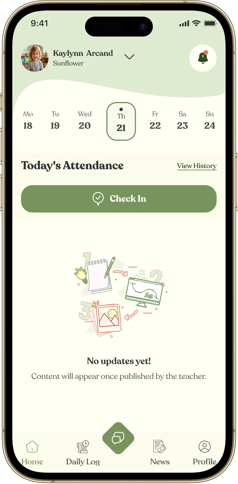 Parent app showing today's attendance with a Check In button