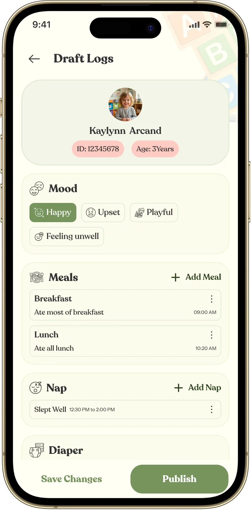 Draft daily log screen beside a Published Successfully confirmation