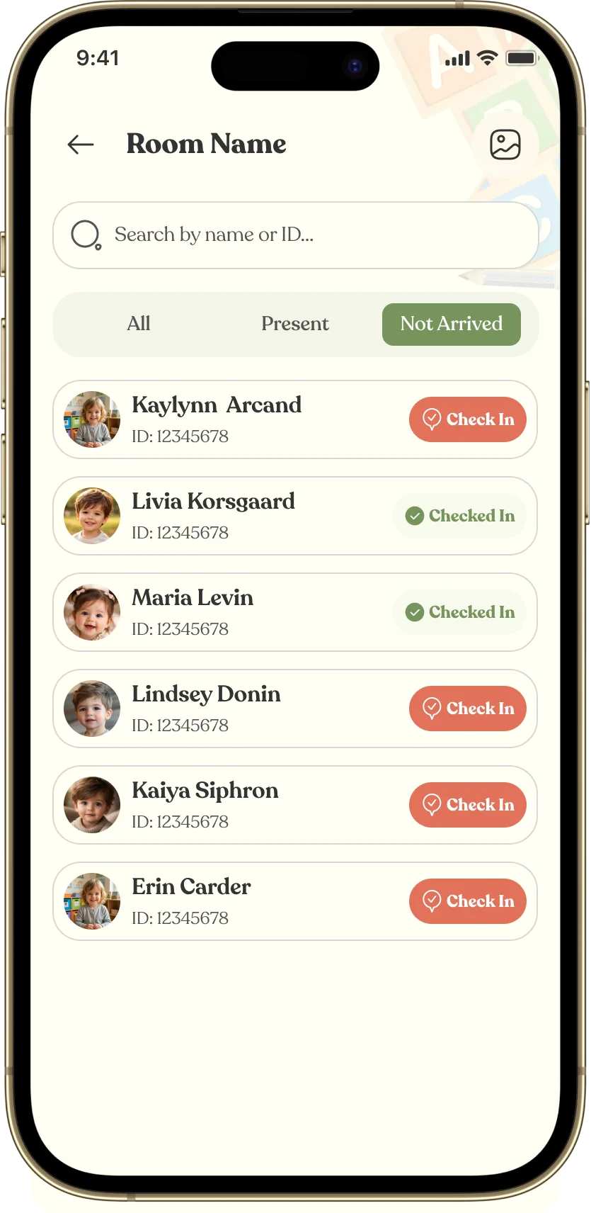 Teacher view of the class attendance list with a Mark as Checked-in button